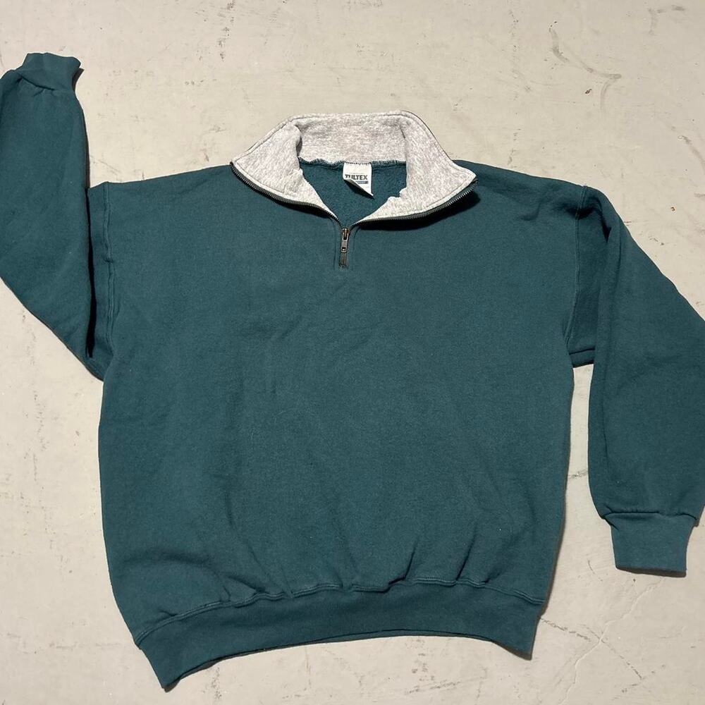 **Vintage 90s Tultex 1/4 Zip Superweight Sweatshirt - Beautiful Green**